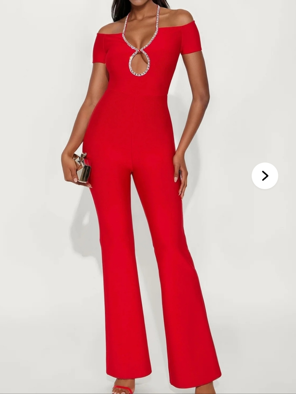 Fashion Nova Red Off-Shoulder Keyhole Flare Jumpsuit with Rhinestone Halter